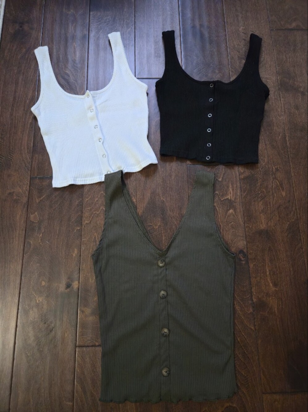 Ribbed Button-Front Tank Trio - Olive, White, Black